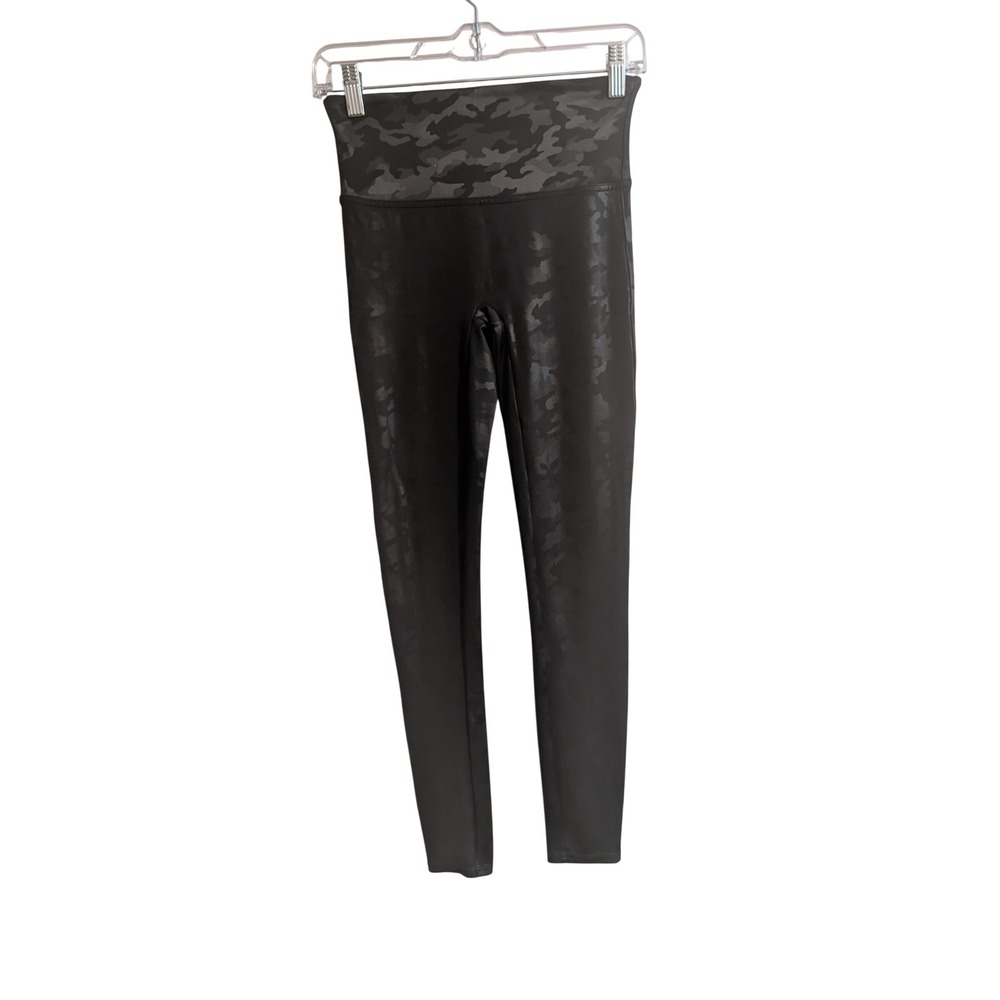 Spanx Faux Leather Leggings Womens Medium Black Camo High Waist Tummy Control
